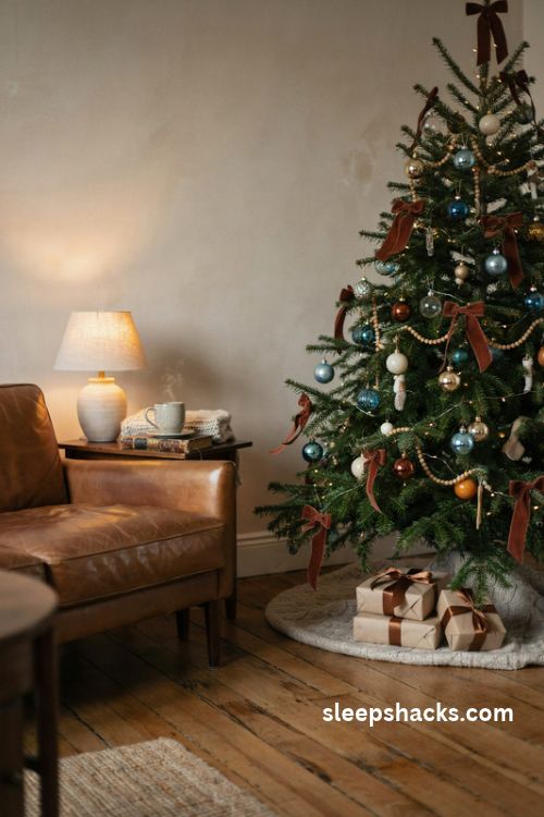 Brown and blue Christmas tree with chocolate velvet bows winter blue glass ornaments and cozy living room decor