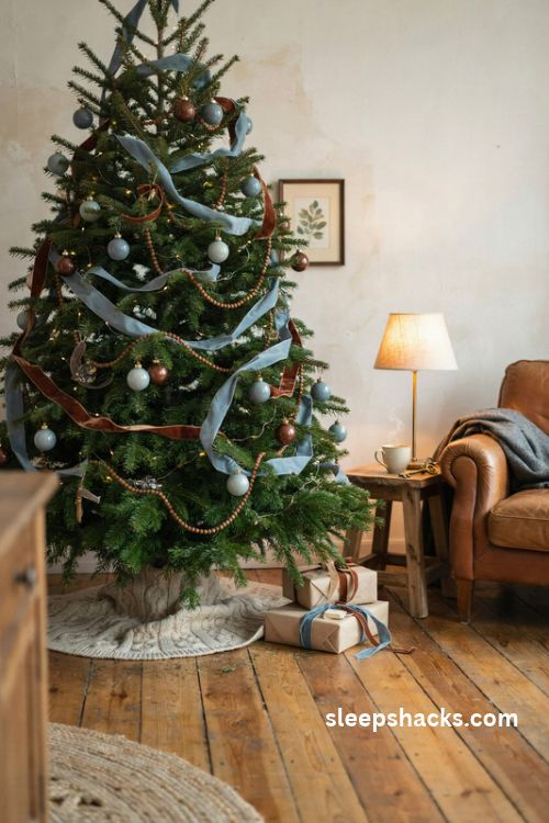 Brown and blue Christmas tree with dusty blue ribbon chocolate velvet swags and vintage ornaments