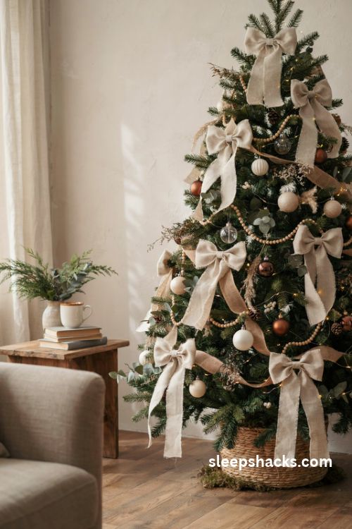 Brown and cream Christmas tree with burlap and oatmeal linen ribbon bows farmhouse neutral holiday decor