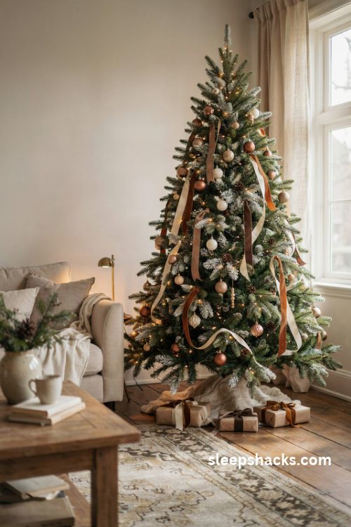 Brown and cream Christmas tree with caramel and mocha velvet ribbon cascading through creamy branches