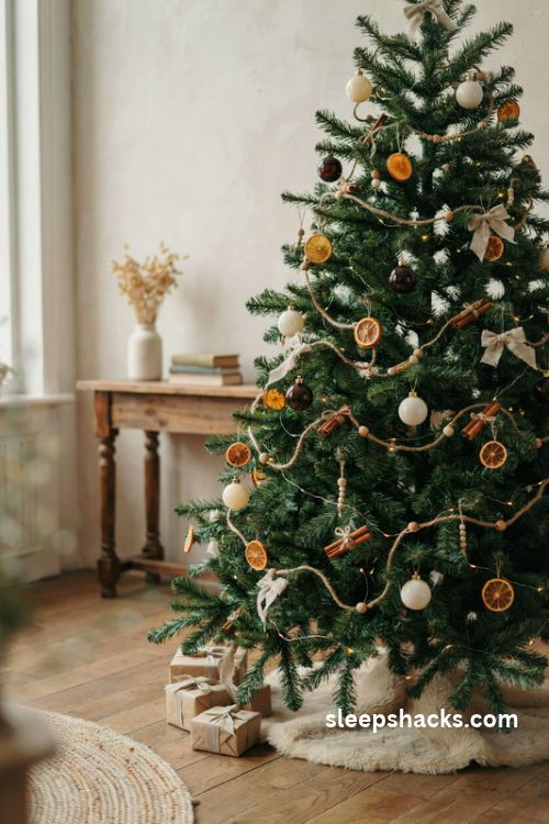 Brown and cream Christmas tree with cinnamon stick ornaments dried orange slices and rustic jute garland