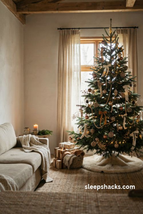 Brown and cream Christmas tree with cocoa ornaments velvet ribbons wooden beads and cozy neutral living room decor