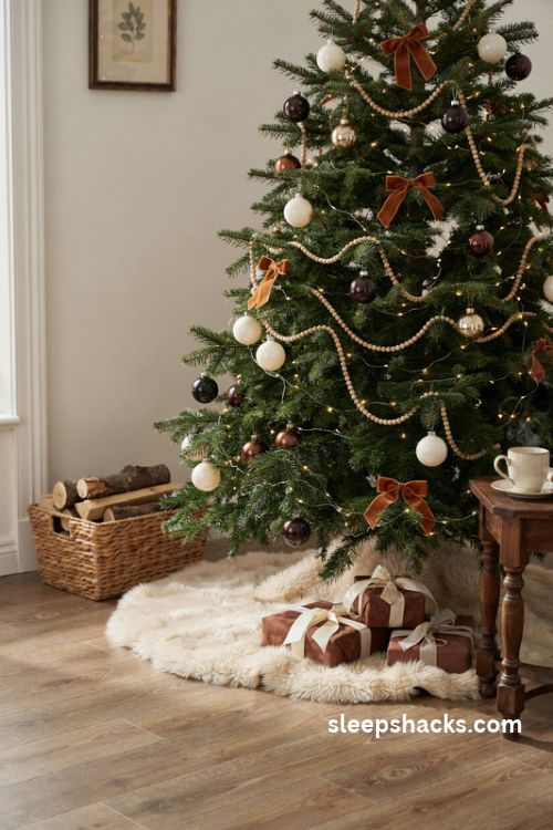 Brown and cream Christmas tree with fluffy ivory faux fur tree skirt and chocolate brown wrapped gifts
