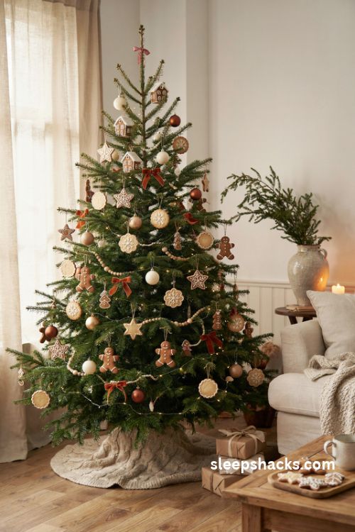 Brown and cream Christmas tree with gingerbread men cookie ornaments white icing and cozy cottage decor