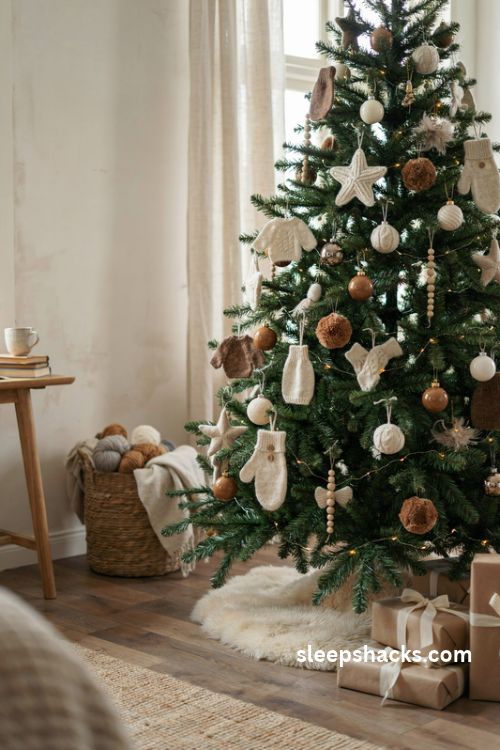 Brown and cream Christmas tree with handmade knit mittens wool stars and cozy neutral ornaments