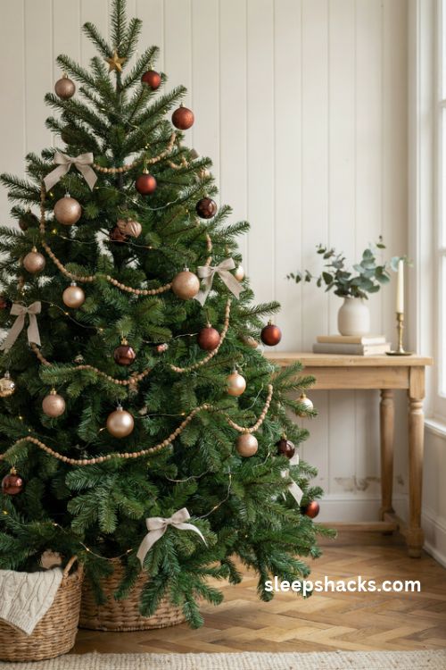 Brown and cream Christmas tree with mixed finish glass baubles in espresso mocha latte and ivory