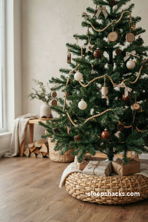 Brown and cream Christmas tree with natural rattan wicker tree collar and cozy farmhouse decor