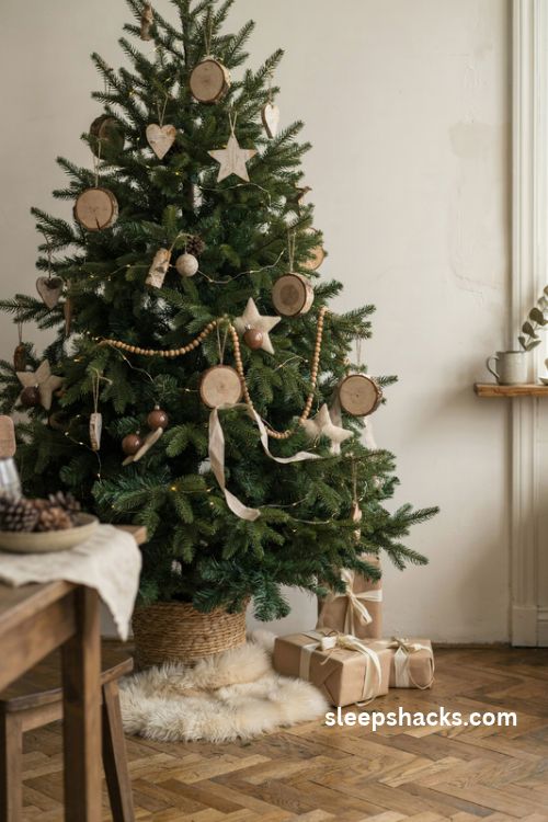 Brown and cream Christmas tree with natural wood slice ornaments birch bark stars and rustic woodland decor