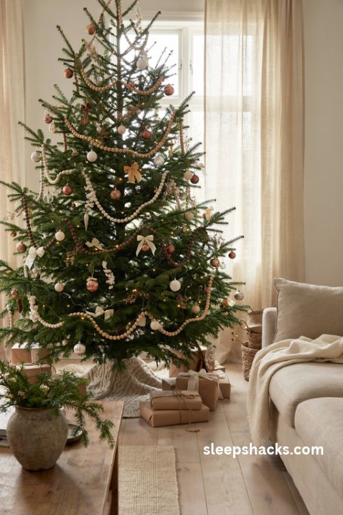 Brown and cream Christmas tree with natural wooden bead garland walnut beads and cozy farmhouse decor