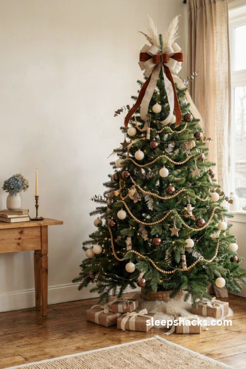 Brown and cream Christmas tree with oversized velvet linen wired bow topper and neutral farmhouse decor