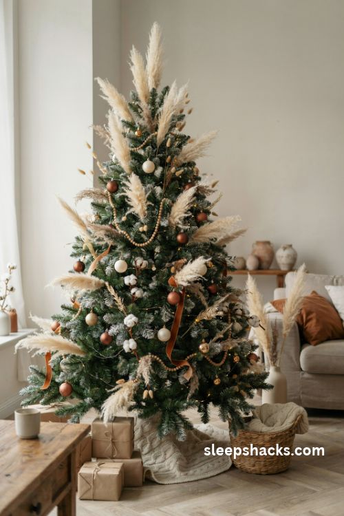 Brown and cream Christmas tree with pampas grass dried wheat bunny tails and natural neutral ornaments