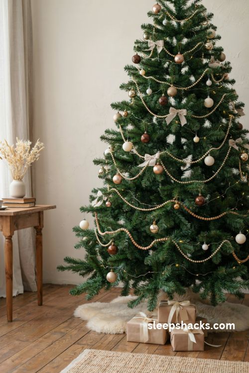 Brown and cream Christmas tree with pearl garland antique gold ornaments and elegant neutral decor