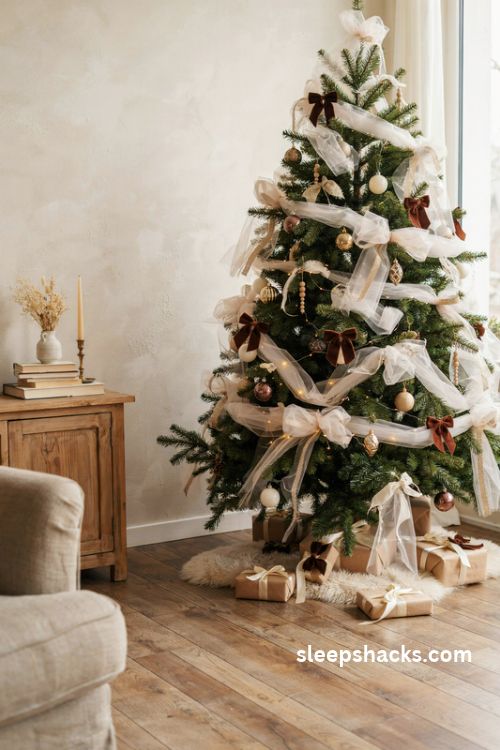 Brown and cream Christmas tree with sheer ivory tulle ribbon and chocolate velvet bows