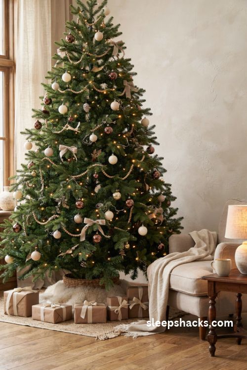 Brown and cream Christmas tree with warm white fairy lights and soft golden farmhouse holiday glow