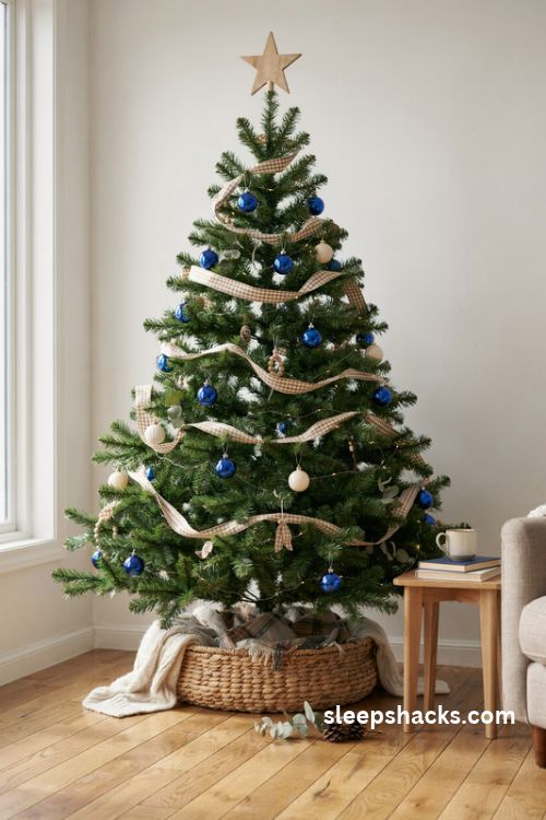 Brown gingham and cobalt blue Christmas tree with checked ribbon glass ornaments and wooden star topper