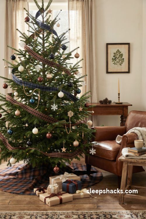 Brown plaid and blue tartan Christmas tree with matching ribbon swags white ornaments and cozy farmhouse decor