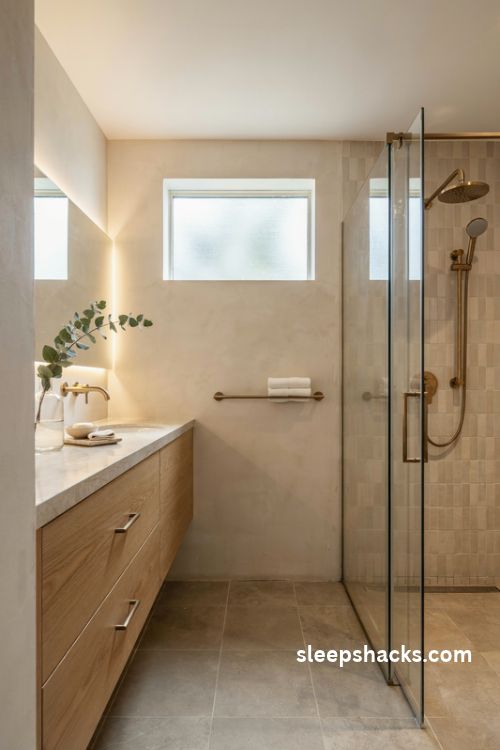 Brushed brass bathroom fixtures with wall mounted faucet natural oak vanity and elegant hotel style details
