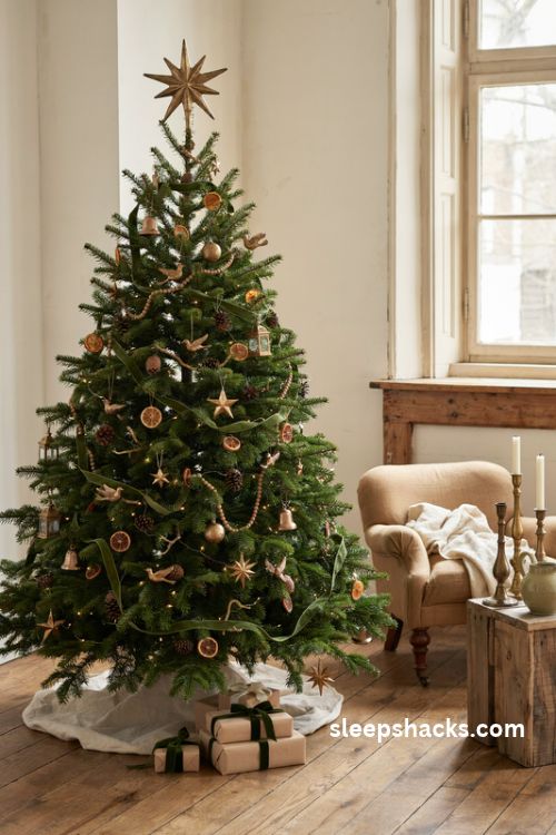 Brushed brass vintage christmas tree with velvet ribbon pinecones and antique ornaments