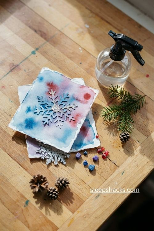 Brusho watercolor snowflake Christmas card with blue purple and red shimmer