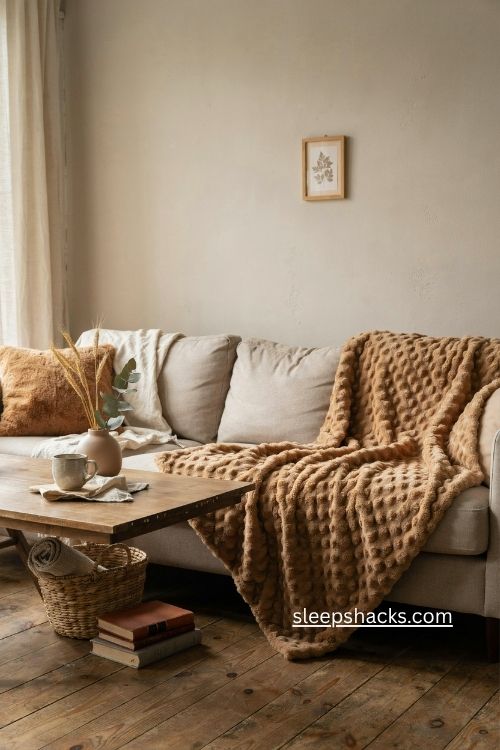 Bubble faux fur brown blanket on cozy sofa layered fall living room