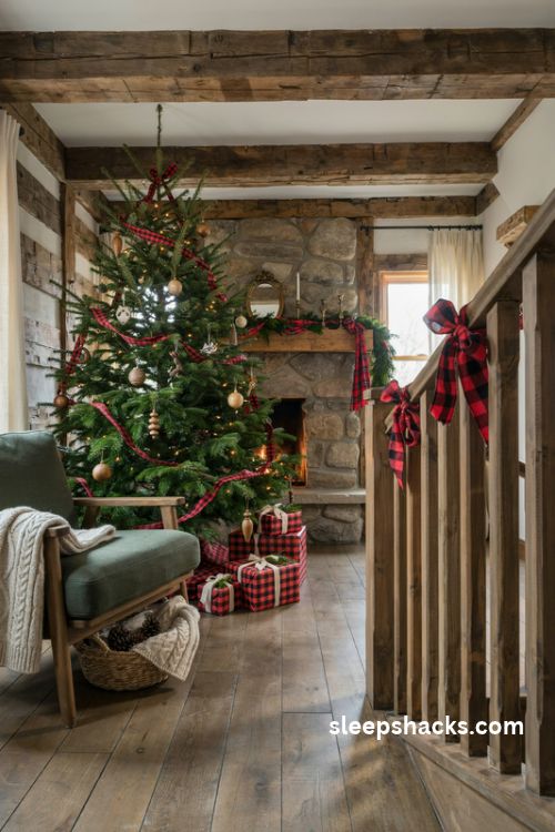 Buffalo check Christmas decor with red and black plaid ribbon rustic cabin accents and evergreen garlands