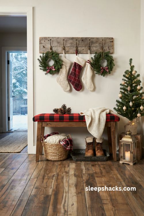 Buffalo check christmas entryway bench with plaid cushion stockings and rustic wall hooks