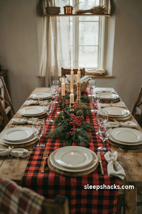 Buffalo check christmas table runner with white plates and rustic farmhouse centerpiece