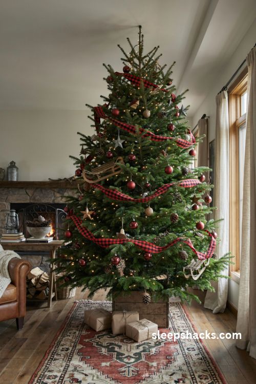 Buffalo check christmas tree with red plaid ribbon pinecones and rustic wooden ornaments