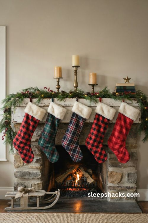 Buffalo check plaid Christmas stockings with ivory fur cuffs and fresh greenery on a cozy farmhouse mantel