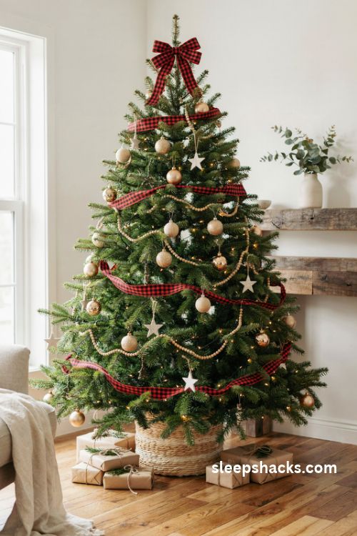 Buffalo check plaid Christmas tree ribbon with oversized bow and gold wooden ornaments