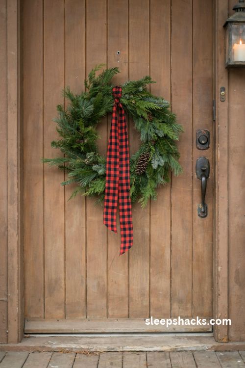 Buffalo plaid Christmas wreath sash with red and black ribbon on a rustic farmhouse door