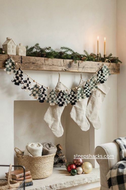 Buffalo plaid crochet Christmas tree garland with pinecones and wood beads
