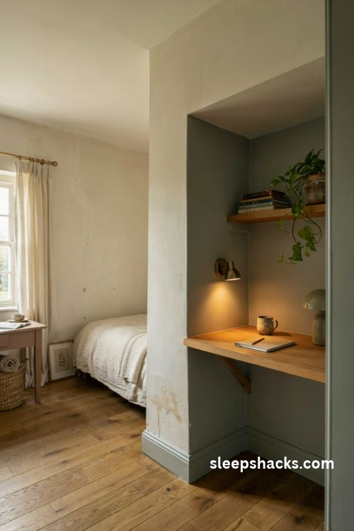 Built in alcove desk ideas for a small bedroom with cozy shelves