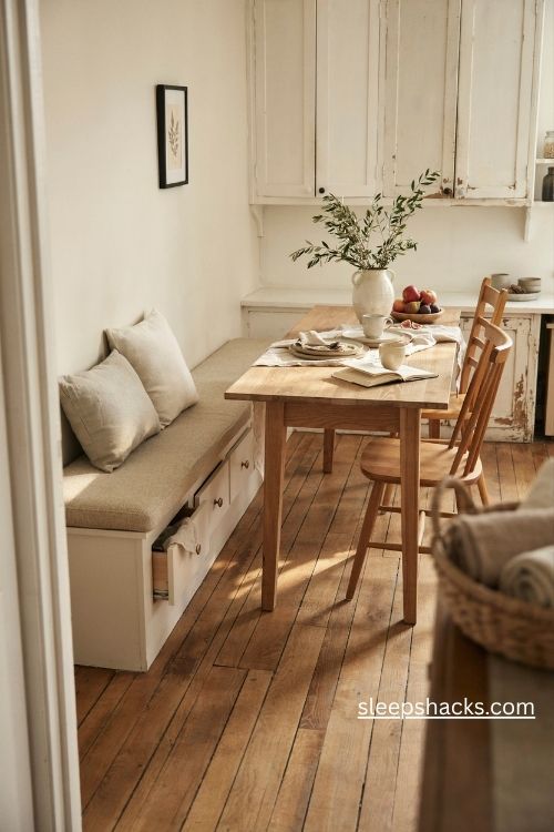Built in bench seating around a cozy farmhouse kitchen table with soft cushions
