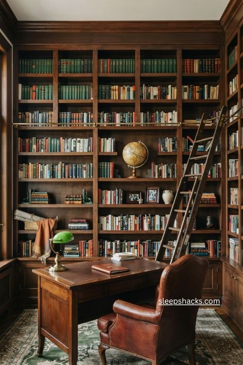 Built in bookcases with rolling ladder in a classic masculine home office