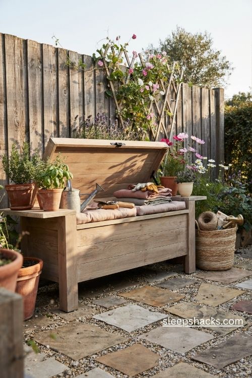 Built in wooden garden bench with hidden storage outdoor cushions and flower pots