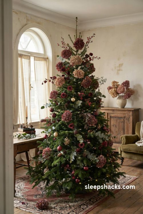 Burgundy Christmas tree with dried hydrangeas roses and green botanical sprigs