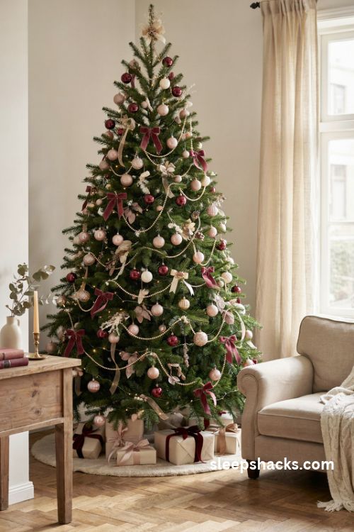 Burgundy and blush pink christmas tree with velvet bows and pearl garland