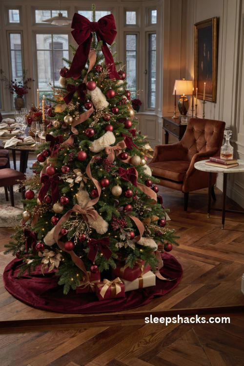 Burgundy and chocolate Christmas tree with gold accents velvet bows satin ribbon and glamorous holiday decor