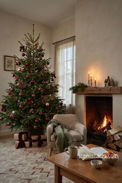 Burgundy and copper Christmas tree with velvet bows and rustic fireplace decor