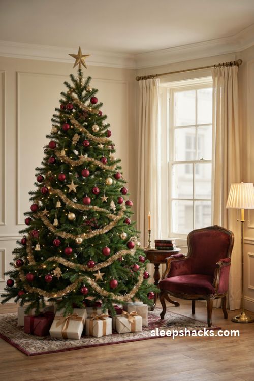 Burgundy and gold christmas tree with elegant glass ornaments and glitter garland