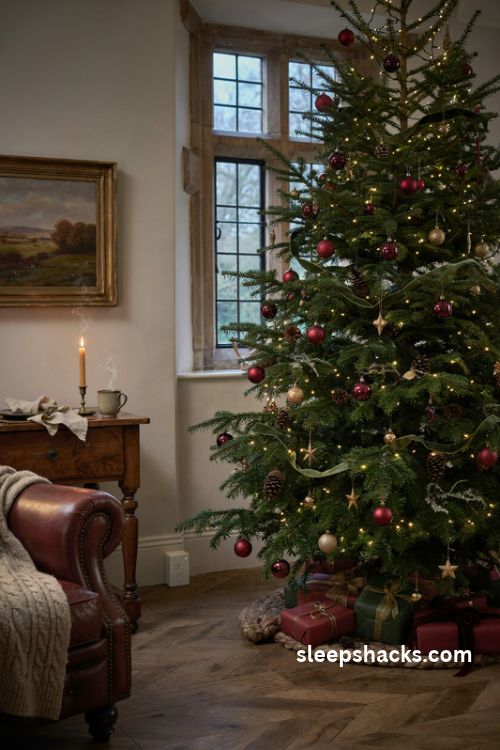 Burgundy and green Christmas tree glowing with warm white lights tucked inside branches