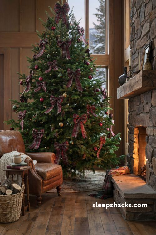 Burgundy and green plaid bow Christmas tree with cozy rustic cabin decor