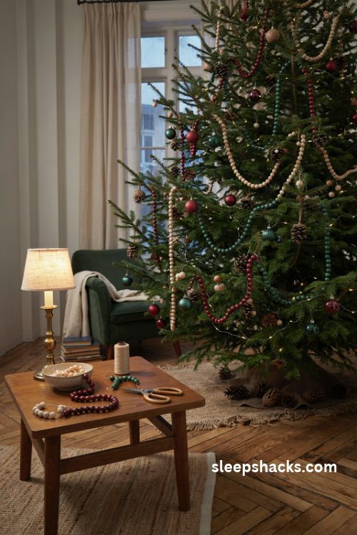 Burgundy and green wooden bead garland on a rustic evergreen Christmas tree