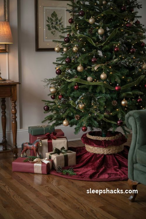 Burgundy velvet Christmas tree skirt with matching green tree decor and wrapped gifts