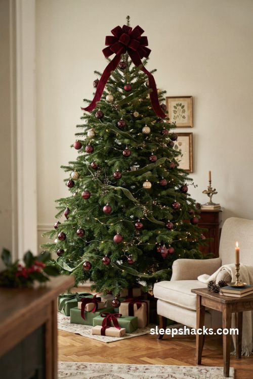 Burgundy velvet bow Christmas tree topper with long flowing ribbon tails
