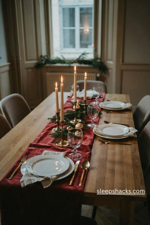 Burgundy velvet christmas table runner with white plates and elegant candlelight