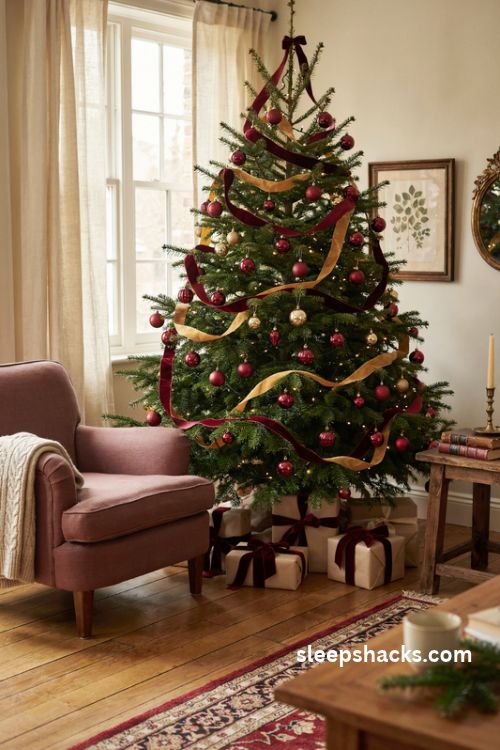 Burgundy velvet ribbon cascade christmas tree with gold accents and warm lights