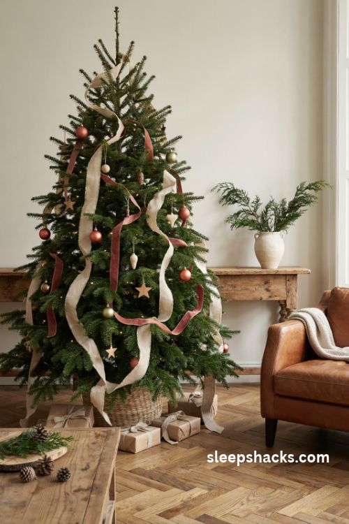 Burlap and linen ribbon Christmas tree with rust velvet bows and earthy farmhouse decor