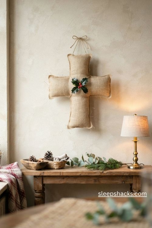 Burlap and twine cross christmas tree with a handmade bow and holly on a rustic farmhouse wall